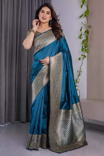turquoise silk blend banarasi saree with unstitched blouse piece