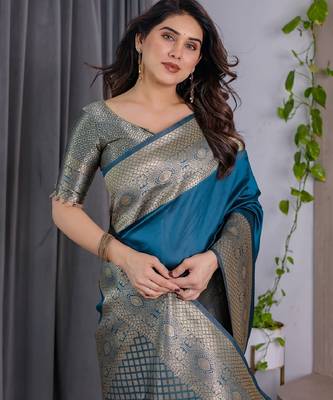 turquoise silk blend banarasi saree with unstitched blouse piece 5
