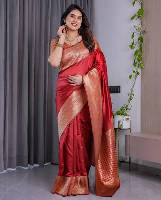 red silk blend banarasi saree with unstitched blouse piece 1