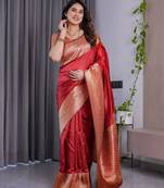 red soft art silk banarasi jacuard work designer party wear saree with unstitched blouse piece