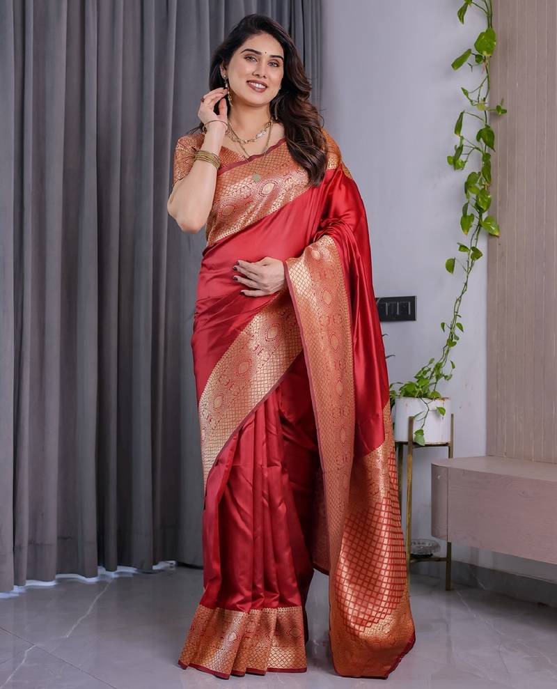 red soft art silk banarasi jacuard work designer party wear saree with unstitched blouse piece