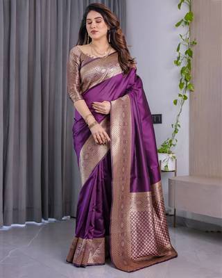 wine silk blend banarasi saree with unstitched blouse piece 2