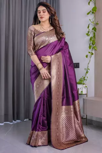 wine silk blend banarasi saree with unstitched blouse piece