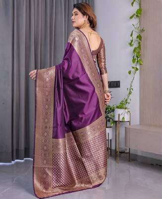 wine silk blend banarasi saree with unstitched blouse piece 3