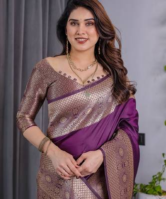 wine silk blend banarasi saree with unstitched blouse piece 5