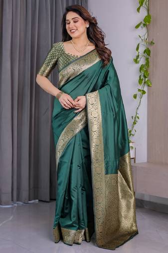 green soft art silk banarasi jacuard work designer party wear saree with unstitched blouse piece