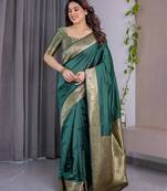 green soft art silk banarasi jacuard work designer party wear saree with unstitched blouse piece