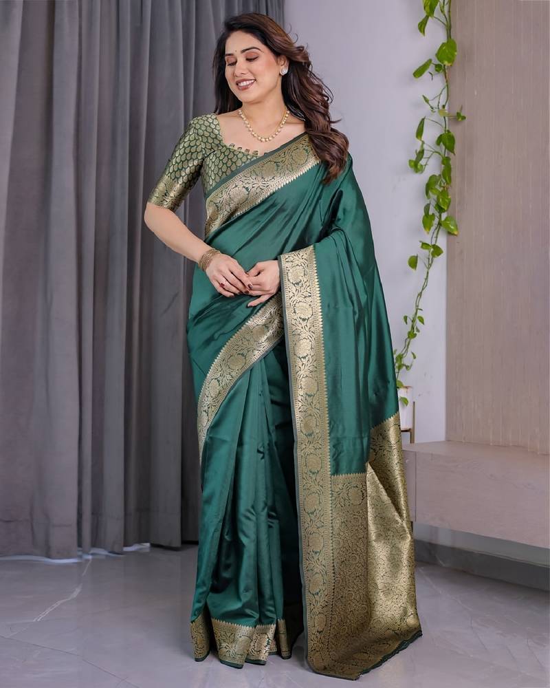 green soft art silk banarasi jacuard work designer party wear saree with unstitched blouse piece