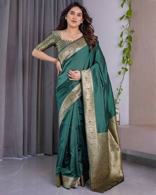 green silk blend banarasi saree with unstitched blouse piece 2