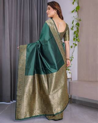 green silk blend banarasi saree with unstitched blouse piece 3