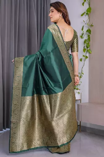 green silk blend banarasi saree with unstitched blouse piece