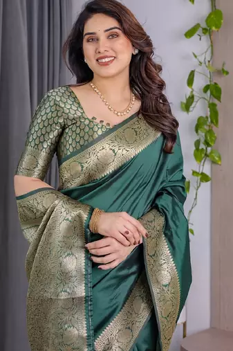 green silk blend banarasi saree with unstitched blouse piece