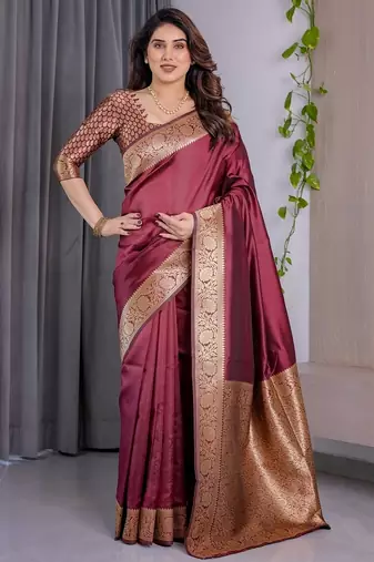 maroon soft art silk banarasi jacuard work designer party wear saree with unstitched blouse piece