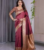 maroon soft art silk banarasi jacuard work designer party wear saree with unstitched blouse piece