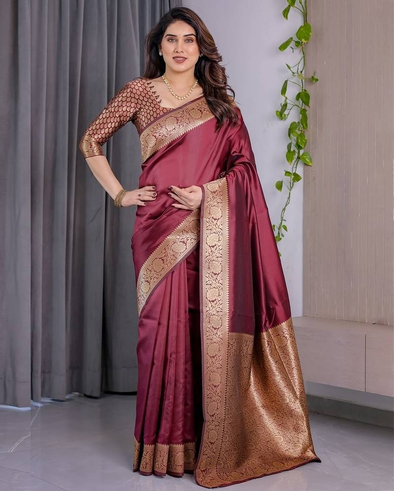 maroon soft art silk banarasi jacuard work designer party wear saree with unstitched blouse piece