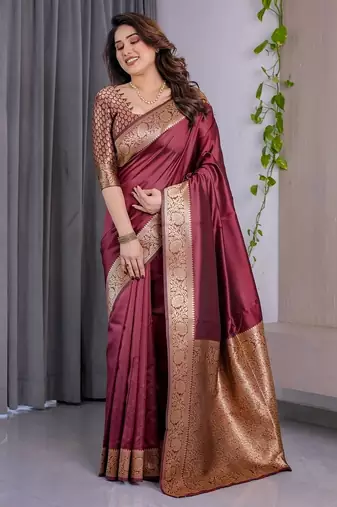 maroon soft art silk banarasi jacuard work designer party wear saree with unstitched blouse piece