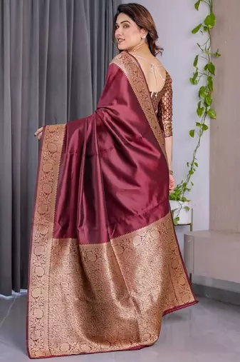 maroon soft art silk banarasi jacuard work designer party wear saree with unstitched blouse piece