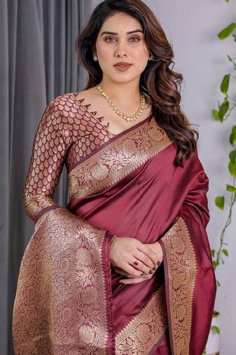 maroon soft art silk banarasi jacuard work designer party wear saree with unstitched blouse piece