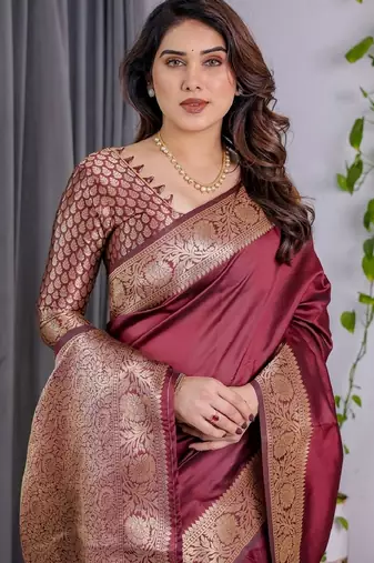 maroon soft art silk banarasi jacuard work designer party wear saree with unstitched blouse piece