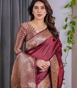 maroon soft art silk banarasi jacuard work designer party wear saree with unstitched blouse piece