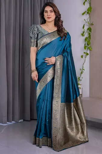 turquoise soft art silk banarasi jacuard work designer party wear saree with unstitched blouse piece