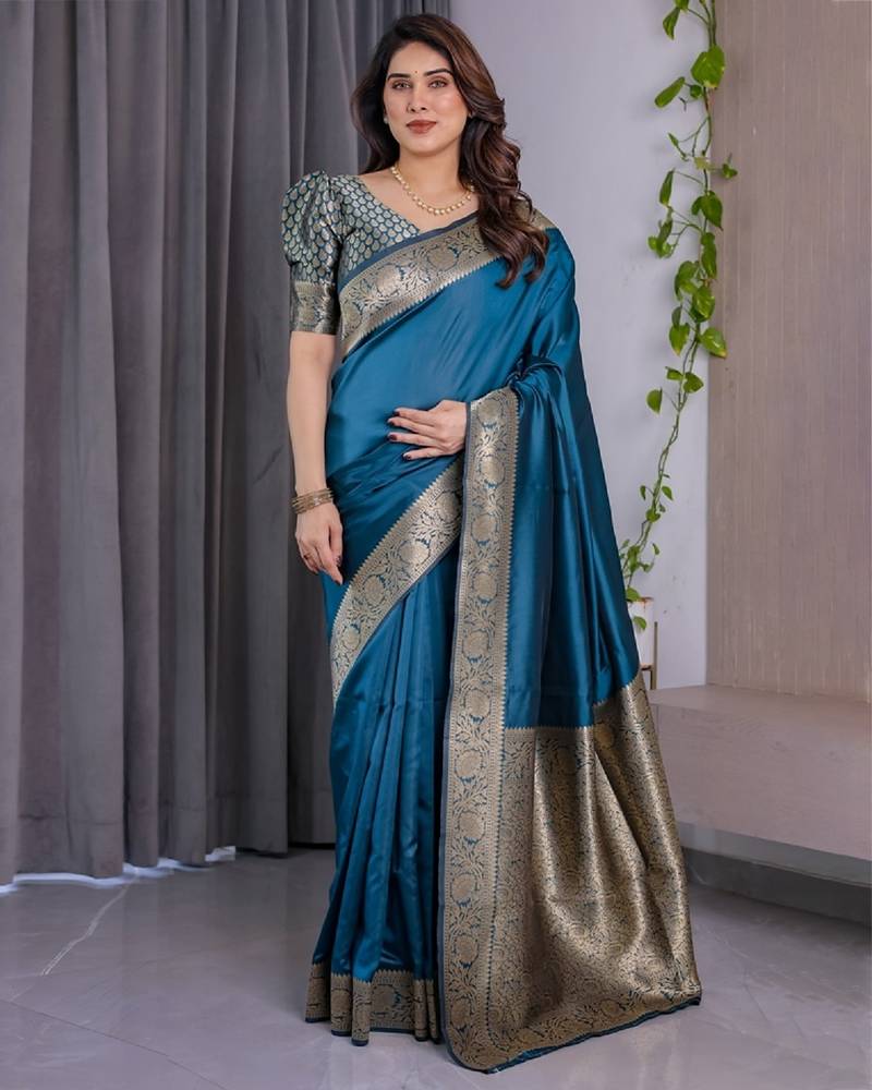 turquoise soft art silk banarasi jacuard work designer party wear saree with unstitched blouse piece