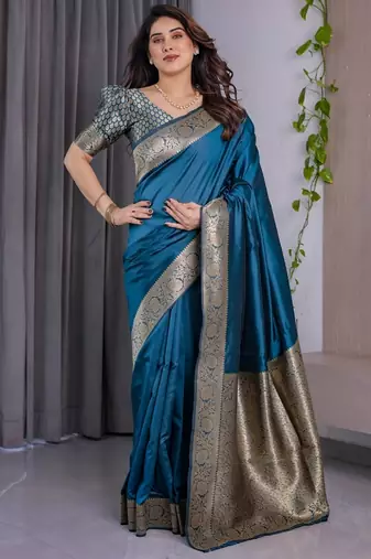 turquoise silk blend banarasi saree with unstitched blouse piece