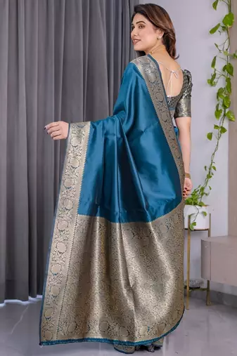 turquoise silk blend banarasi saree with unstitched blouse piece