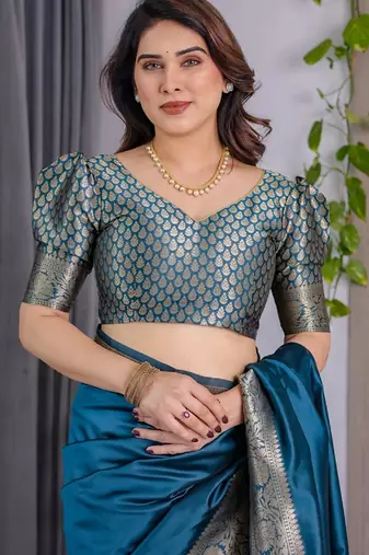 turquoise silk blend banarasi saree with unstitched blouse piece