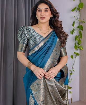 turquoise silk blend banarasi saree with unstitched blouse piece 1