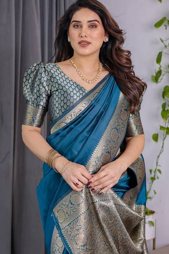 turquoise soft art silk banarasi jacuard work designer party wear saree with unstitched blouse piece