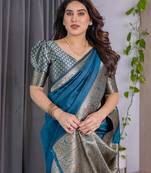 turquoise soft art silk banarasi jacuard work designer party wear saree with unstitched blouse piece