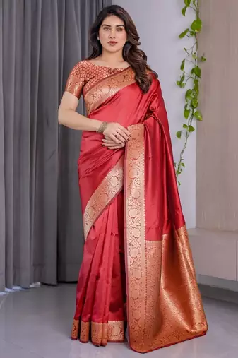 red soft art silk banarasi jacuard work designer party wear saree with unstitched blouse piece