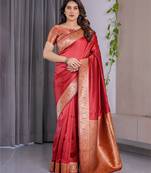 red soft art silk banarasi jacuard work designer party wear saree with unstitched blouse piece