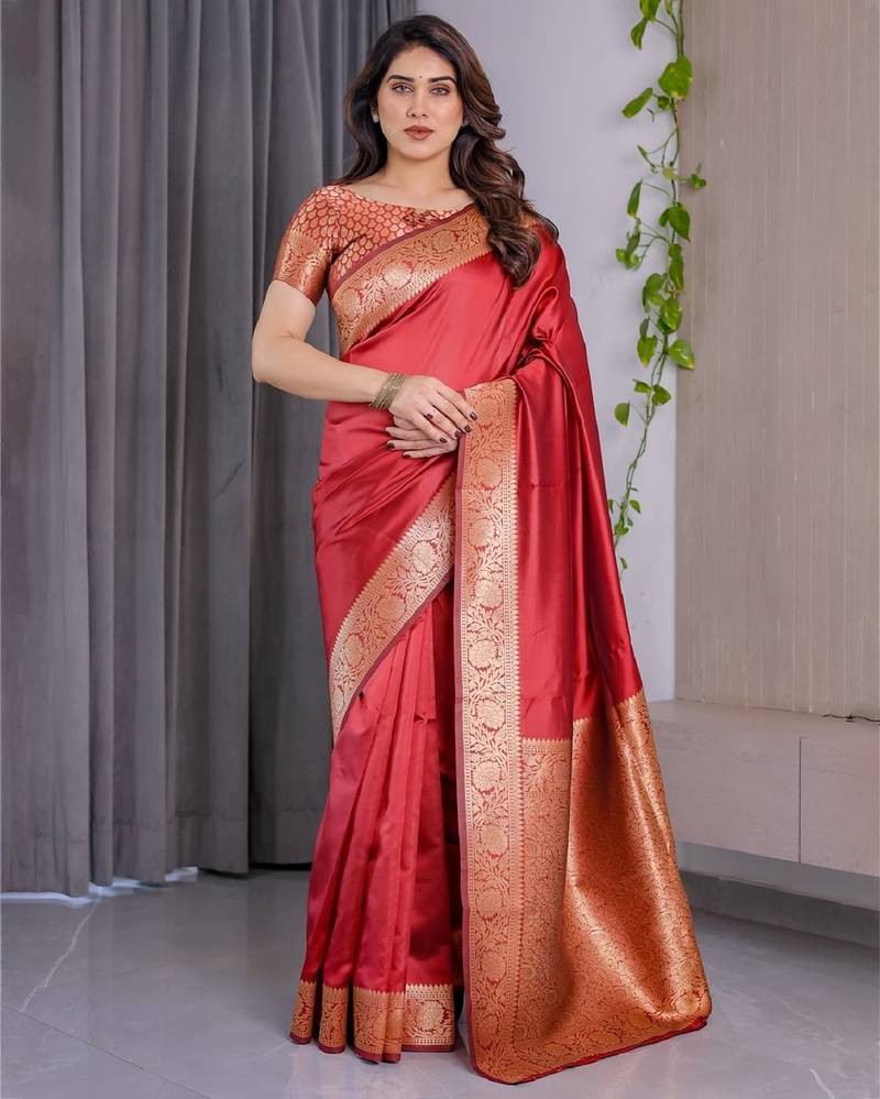 red soft art silk banarasi jacuard work designer party wear saree with unstitched blouse piece