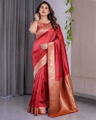 red silk blend banarasi saree with unstitched blouse piece 2