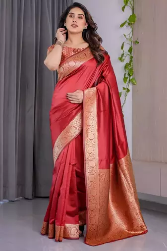 red silk blend banarasi saree with unstitched blouse piece