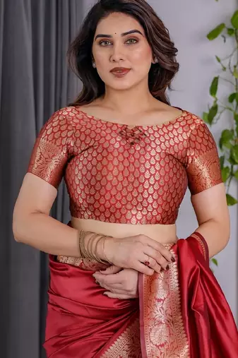 red silk blend banarasi saree with unstitched blouse piece