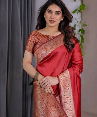 red silk blend banarasi saree with unstitched blouse piece 5
