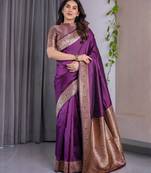 wine soft art silk banarasi jacuard work designer party wear saree with unstitched blouse piece
