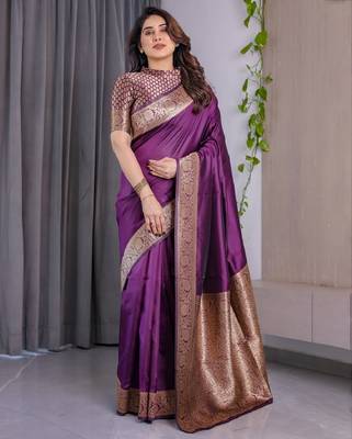 wine silk blend banarasi saree with unstitched blouse piece 3