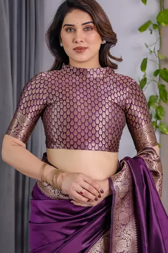 wine silk blend banarasi saree with unstitched blouse piece