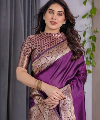 wine silk blend banarasi saree with unstitched blouse piece 1