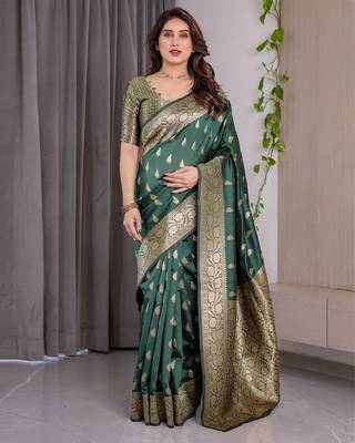 green green silk blend banarasi saree with unstitched blouse piece 1