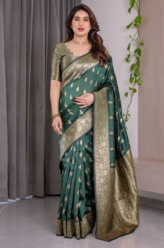 green green soft art silk banarasi jacuard work designer party wear saree with unstitched blouse piece