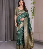 green green soft art silk banarasi jacuard work designer party wear saree with unstitched blouse piece