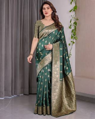 green green silk blend banarasi saree with unstitched blouse piece 2