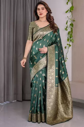 green green silk blend banarasi saree with unstitched blouse piece