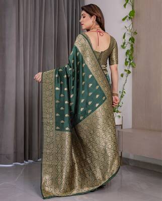 green green silk blend banarasi saree with unstitched blouse piece 3