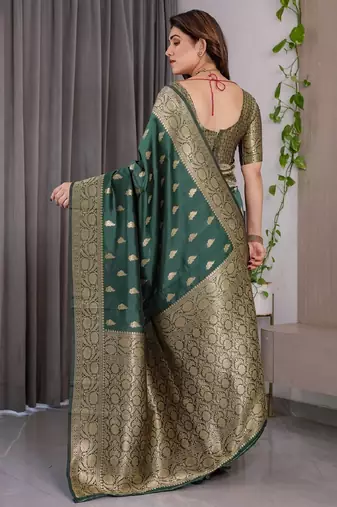 green green silk blend banarasi saree with unstitched blouse piece